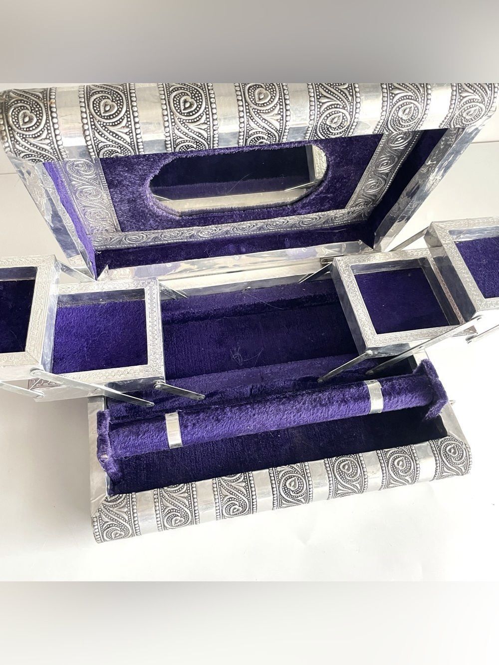 Handmade Silver Embossed Jewelry Box with deep Purple Velvet India Design